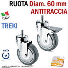 Carica l'immagine nel visualizzatore di Gallery, RUOTE RUOTA GIREVOLE DIAMETRO 60 MM CON PERNO M10X20 CROMATA GRIGIO ANTITRACCIA CON FRENO e SENZA FRENO