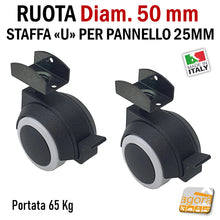 Carica l'immagine nel visualizzatore di Gallery, RUOTE CON STAFFA U X SPALLA 25MM RUOTA CON FRENO SENZA FRENO GIREVOLE D.50mm GRIGIA diametro 5cm ufficio negozio arredo mobile