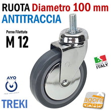 Carica l'immagine nel visualizzatore di Gallery, RUOTA GIREVOLE DIAMETRO D 100 MM CON PERNO M12X25 CROMATA GRIGIO ANTITRACCIA CON FRENO ALDO VALSECCHI AVO TREKI 220CB RUOTE Grande Diametro 10cm gomma grigia antimacchia antitraccia cromato non frenata perno filetto metrico MA 12 25mm