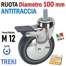 Carica l'immagine nel visualizzatore di Gallery, RUOTA GIREVOLE DIAMETRO D 100 MM CON PERNO M12X25 CROMATA GRIGIO ANTITRACCIA CON FRENO ALDO VALSECCHI AVO TREKI 220CBISB RUOTE Grande Diametro 10cm gomma grigia antimacchia antitraccia cromato frenata perno filetto metrico MA 12 25mm