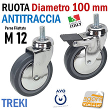 Carica l'immagine nel visualizzatore di Gallery, RUOTA GIREVOLE DIAM. 100MM CON PERNO M12X25 CROMATA GRIGIO ANTITRACCIA C/FRENO S/FRENO AVO TREKI 220CB - CBISB RUOTE Grande Diametro 10cm gomma grigia antimacchia antitraccia cromato frenata perno filetto metrico MA 12 25mm