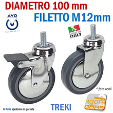 Carica l'immagine nel visualizzatore di Gallery, RUOTA GIREVOLE DIAMETRO D 100 MM CON PERNO M12X25 CROMATA GRIGIO ANTITRACCIA CON FRENO ALDO VALSECCHI AVO TREKI 220CBISB RUOTE Grande Diametro 10cm gomma grigia antimacchia antitraccia cromato frenata perno filetto metrico MA 12 25mm arredamento ospedaliero contract negozi ristoranti hotel alberghi