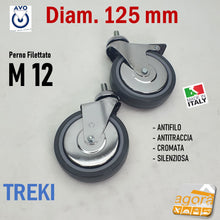 Carica l'immagine nel visualizzatore di Gallery, SWIVEL WHEEL DIAMETER 125 MM WITH METRIC THREADED PIN M12X25 CHROME GRAY RUBBER ANTI-MARK ANTI-STAIN ANTI-WIRE SILENT ORIGINAL AVO WITH BRAKE WITHOUT BRAKE TREKI 220CB 220CBISB WHEELS