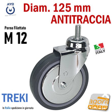 Carica l'immagine nel visualizzatore di Gallery, RUOTA GIREVOLE DIAM. 125MM CON PERNO M12X25 CROMATA GRIGIO ANTITRACCIA SENZA FRENO TREKI 220CB RUOTE NON FRENATA