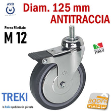 Carica l'immagine nel visualizzatore di Gallery, RUOTA GIREVOLE DIAM. 125MM CON PERNO M12X25 CROMATA GRIGIO ANTITRACCIA CON FRENO TREKI 220CBISB RUOTE FRENATA