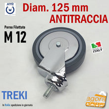 Carica l'immagine nel visualizzatore di Gallery, RUOTA GIREVOLE DIAMETRO 125 MM CON PERNO FILETTATO METRICO M12X25 CROMATA GOMMA GRIGIA ANTITRACCIA ANTIMACCHIA ANTIFILO SILENZIOSA ORIGINALE AVO CON FRENO SENZA FRENO TREKI 220CB 220CBISB RUOTE