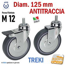 Carica l'immagine nel visualizzatore di Gallery, RUOTA GIREVOLE DIAM. 125MM CON PERNO M12X25 CROMATA GRIGIO ANTITRACCIA CON FRENO SENZA FRENO TREKI 220CB - CBISB RUOTE ORIGINALI ITALIANE PER ARREDAMENTO SANITARIO OSPEDALIERO RISTORAZIONE HOTEL ALBERGHI CROMATE