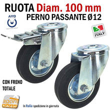 Carica l'immagine nel visualizzatore di Gallery, RUOTA RUOTE S112 AVO ALDO VALSECCHI INDUSTRIA GOMMA NERA PER CARRELLI MAGAZZINI ROBUSTA SILENZIOSA CON PERNO GIREVOLE PASSANTE D10CM DIAMETRO 100MM PERNO PASSANTE FRENO TOTALE ANTERIORE