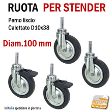Carica l'immagine nel visualizzatore di Gallery, RUOTA GIREVOLE DIAMETRO 100MM CON PERNO LISCIO CALETTATO IN GOMMA NERA FRENO RUOTE PER CARRELLI STENDER KIT 4PZ attacco a bussola boccola liscia