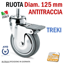 Carica l'immagine nel visualizzatore di Gallery, RUOTA GIREVOLE DIAMETRO 125MM CON PERNO M12X25 CROMATA GRIGIO ANTITRACCIA CON FRENO TREKI AVO