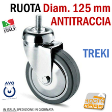 Carica l'immagine nel visualizzatore di Gallery, RUOTA GIREVOLE DIAMETRO 125MM CON PERNO M12X25 CROMATA GRIGIO ANTITRACCIA SENZA FRENO TREKI AVO