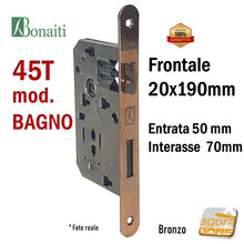Carica l'immagine nel visualizzatore di Gallery, SERRATURA PORTA FRONTALE 20x190mm TONDO E50 I70 BONAITI 45T BRONZO BAGNO PICCOLA WC DOPPIO QUADRO interasse 70mm corpo 125mm x 75mm bronzata