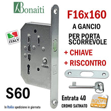 Load image into Gallery viewer, SERRATURA PORTA SCORREVOLE GANCIO FRONTALE 16x160mm BONAITI 60/40 CROMO SATINATO PATENT +CHIAVE +INCONTRO ENTRATA 40MM NUOVA DISPONIBILE