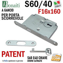 Load image into Gallery viewer, SERRATURA PORTA SCORREVOLE GANCIO FRONTALE 16x160mm BONAITI 60/40 CROMO SATINATO PATENT CHIAVE INCONTRO ENTRATA 40MM KIT SCORREVOLE GANCIO UNCINO