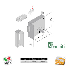 Carica l'immagine nel visualizzatore di Gallery, dimensioni serratura bonaiti entrata 35-45mm larghezza 60-70mm agorà spessore 15mm bronzo serratura in metallo per portoncini esterni o porte antiche completa di chiave