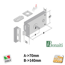 Carica l'immagine nel visualizzatore di Gallery, schema dimensionale serratura con entrata 70mm e lunghezza 140mm spessore 15mm bonaiti agorà lab made in italy con chiave