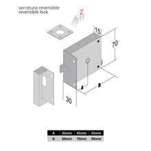 Load image into Gallery viewer, scheda dimensioni serratura bonaiti door lock x porte antiche o portoncini solo scrocco entrata 35-45-55mm larghezza 60-70-80mm spessore 15mm con contropiastra