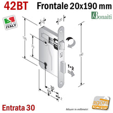 Carica l'immagine nel visualizzatore di Gallery, misure SERRATURA PORTA FRONTALE 20x190mm TONDO E30 I70 BONAITI 42T PATENT PICCOLA OTTONE 042T 42BT 480420302E