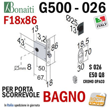 Carica l'immagine nel visualizzatore di Gallery, SERRATURA A GANCIO PORTA SCORREVOLE FRONTALE 18x86mm BONAITI 026 G500 X BAGNO WC MONETA LIBERO-OCCUPATO CROMO OPACO Q8 E50 serrature porte interne scorrevoli con uncino gancio solo quadro corpo piccolo 67x43mm originale kit ricambio con accessori