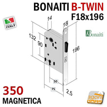 Carica l'immagine nel visualizzatore di Gallery, SERRATURA PORTA MAGNETICA B-TWIN BONAITI 350 CHIAVE PATENT FRONTALE 18X196MM E50 I90 OTTONE SATINATO LUCIDO door lock