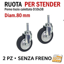 Carica l'immagine nel visualizzatore di Gallery, Kit ruote per stender carrelli da inserire a pressione nelle boccole del tubo d30mm foro 10mm nere senza freno attacco a boccola bussola