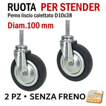 Carica l'immagine nel visualizzatore di Gallery, RUOTA GIREVOLE DIAMETRO 100MM CON PERNO LISCIO CALETTATO IN GOMMA NERA RUOTE PER CARRELLI STENDER KIT senza freno