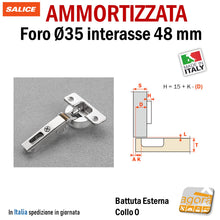 Carica l'immagine nel visualizzatore di Gallery, CERNIERA A MOLLA AMMORTIZZATA ANTA CUCINA SALICE SERIE 700 110GRADI ALTO SPESSORE 48-6 FORO 35 X13MM