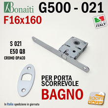 Carica l'immagine nel visualizzatore di Gallery, SERRATURA PORTA SCORREVOLE FRONTALE 16x160mm BONAITI 021 G500 X BAGNO WC MONETA LIBERO-OCCUPATO CROMO OPACO QUADRO 8X8 ENTRATA 50MM