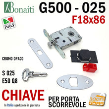 Carica l'immagine nel visualizzatore di Gallery, SERRATURA PORTA SCORREVOLE FRONTALE 18x86mm BONAITI 025 G500 CHIAVE SPILLO CROMO OPACO Q8 E50 GANCIO 4002505097 serrature a gancio per scrigno uncino chiave pieghevole piccole