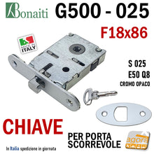 Carica l'immagine nel visualizzatore di Gallery, SERRATURA PORTA SCORREVOLE FRONTALE 18x86mm BONAITI 025 G500 CHIAVE SPILLO SATINATA Quadro 8 Entrata 50mm GANCIO 4002505097