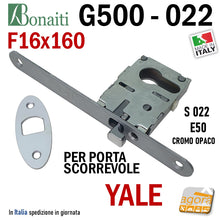 Carica l'immagine nel visualizzatore di Gallery, SERRATURA A GANCIO PORTA SCORREVOLE FRONTALE 16x160mm BONAITI 022 G500 X CILINDRO YALE CROMO OPACO E50 4002205097 kit con contropiastra