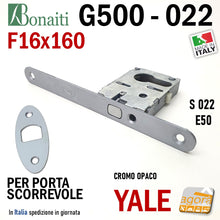 Carica l'immagine nel visualizzatore di Gallery, SERRATURA A GANCIO PORTA SCORREVOLE FRONTALE 16x160mm BONAITI 022 G500 X CILINDRO YALE CROMO OPACO E50 4002205097 completa di accessori