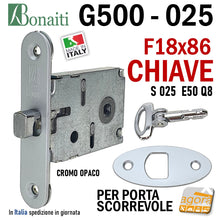 Carica l'immagine nel visualizzatore di Gallery, SERRATURA PORTA SCORREVOLE FRONTALE 18x86mm BONAITI 025 G500 CHIAVE SPILLO CROMO OPACO Q8 E50 GANCIO