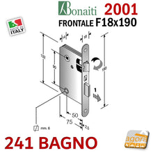 Load image into Gallery viewer, SERRATURA PORTA FRONTALE 18x190mm BONAITI 2001 METALLO WC MONETA LIBERO - OCCUPATO MODELLO 241 BAGNO Entrata 50mm Interasse 90mm doppio quadro 8x8 - 6x6 mm schema tecnico misure quotate