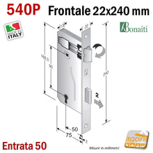 Carica l'immagine nel visualizzatore di Gallery, SCHEDA DIMENSIONI SERRATURA BONAITI FRONTALE 22x240 INTERASSE 90 ENTRATA 50 DOOR LOCK 540P MADE IN ITALY