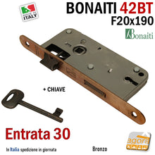 Carica l'immagine nel visualizzatore di Gallery, SERRATURA PORTA FRONTALE 20x190mm TONDO E30 I70 BONAITI 42T BRONZO PATENT PICCOLA con CHIAVE