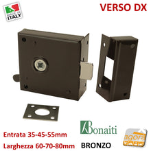 Load image into Gallery viewer, serratura orizzontale bonaiti x portoncini o porte antiche verso destra entrata 35 45 55 mm larghezza 60 70 80mm spessore 15mm con scrocco senza chiave finitura bronzata x porte giardino o cantine bonaiti