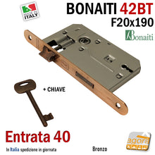 Carica l'immagine nel visualizzatore di Gallery, SERRATURA PORTA FRONTALE 20x190mm TONDO E40 I70 BONAITI 42T BRONZO PATENT PICCOLA con CHIAVE
