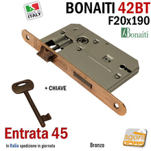 Carica l'immagine nel visualizzatore di Gallery, SERRATURA PORTA FRONTALE 20x190mm TONDO E45 I70 BONAITI 42T BRONZO PATENT PICCOLA co CHIAVE