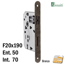Carica l'immagine nel visualizzatore di Gallery, ricambio SERRATURA PORTA FRONTALE 20x190mm TONDO E50 I70 BONAITI 42T BRONZO PATENT PICCOLA
