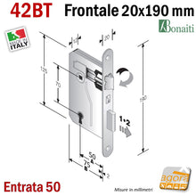 Carica l'immagine nel visualizzatore di Gallery, DISEGNO TECNICO SERRATURA PORTA FRONTALE 20x190mm TONDO E50 I70 BONAITI 42T OTTONE PATENT PICCOLA BRONZATA SATINATA