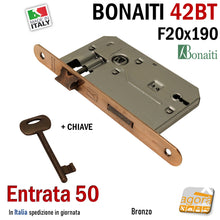 Carica l'immagine nel visualizzatore di Gallery, SERRATURA PORTA FRONTALE 20x190mm TONDO E50 I70 BONAITI 42T BRONZO PATENT PICCOLA CON CHIAVE