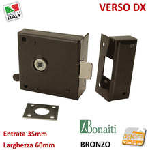 Load image into Gallery viewer, door lock bonaiti entrata 35mm larghezza 60mm spessore 15mm verso destra finitura bronzata con scrocco bronzato serratura da applicare x esterni o interni