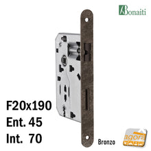 Carica l'immagine nel visualizzatore di Gallery, ricambio SERRATURA PORTA FRONTALE 20x190mm TONDO E45 I70 BONAITI 42T BRONZO PATENT PICCOLA CHIAVE