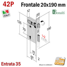 Carica l'immagine nel visualizzatore di Gallery, SERRATURA PORTA FRONTALE 20x190mm RETTANGOLARE E35 I70 BONAITI 42P BRONZO PATENT PICCOLA ricambio