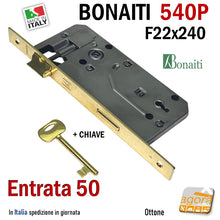 Carica l'immagine nel visualizzatore di Gallery, SERRATURA COLORE OTTONE F22x240 ENTRATA 50 INTERASSE 90 540P DOOR LOCK PORTE BONAITI OKAY CON CHIAVE IN DOTAZIONE