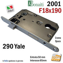 Carica l'immagine nel visualizzatore di Gallery, Serratura porta esterna interna Bonaiti 2001 YALE 290 frontale 18x190mm cromo opaco argento cromo satinato entrata e50mm interasse i85mm meccanica doppio scrocco in metallo originale per eurocilindro cilindro Yale
