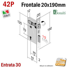 Carica l'immagine nel visualizzatore di Gallery, SERRATURA PORTA FRONTALE 20x190mm RETTANGOLARE E30 I70 BONAITI 42P BRONZO PATENT PICCOLA nuova bronzata