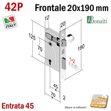 Carica l'immagine nel visualizzatore di Gallery, SERRATURA PORTA FRONTALE 20x190mm RETTANGOLARE E45 I70 BONAITI 42P BRONZO PATENT PICCOLA nuova