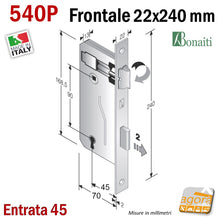 Carica l'immagine nel visualizzatore di Gallery, SCHEDA DIMENSIONI SERRATURA BONAITI FRONTALE 22x240 INTERASSE 90 ENTRATA 45 DOOR LOCK 540P
